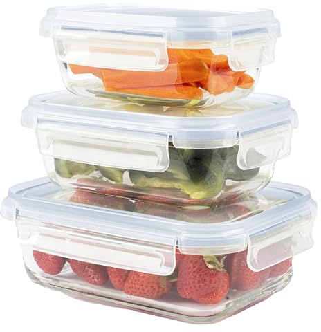 Home Fleek Rectangular Airtight Glass Food Containers with Lids - Stackable Food Storage Containers, Space Saving, Airtight, Microwave, Oven and Freezer Safe Meal Prep (Set of 3, Blue)