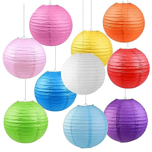 10 Pack 12 Chinese Paper Lanterns Decorative Colorful Chinese Hanging Decorations for Rainbow Party Classroom Ceiling Decoration (Multi-Color, 12-inch, Set of 10)
