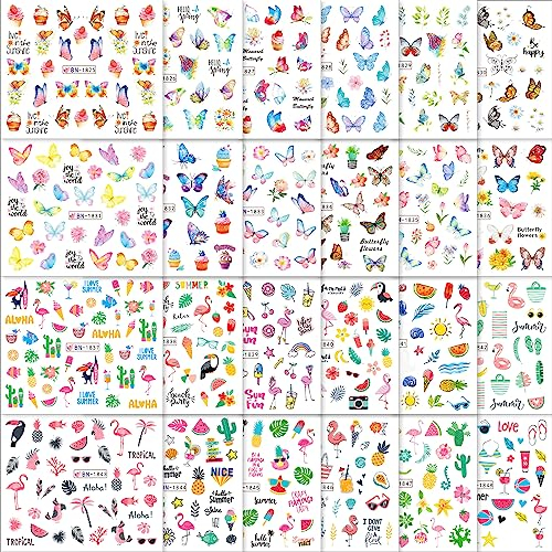 VETPW 24 Feuilles 3D Thème D'été Autocollants pour Ongles, Nail Art Autocollants de Transfert d'eau D'Ongles Décalcomanies avec Modèle Papillon Cactus Flamant Lettre per Décoration Ongles Bricolage