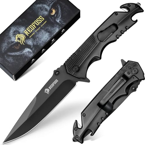 NedFoss FA48 Pocket Knife for Men, 5-in-1 Black Tactical Knife Frame-Lock