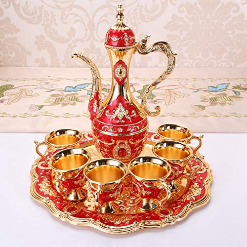 Tissting Théière en Métal Turque Vintage, Ensemble de Service à Thé avec 6 Tasses et Plateau, Décoration Rétro pour Salon ou Mariage, Artisanat d'art en Métal Rouge pour Maison