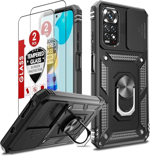 LeYi Hülle für Xiaomi Redmi Note 11/Note 11S 6.43 Kameraschieber Schutzhülle& 2*Schutzglas Folie, Ringhalter Ständer Case Kamera Klappe Cover Militärische Rüstung Handyhülle Handy Hüllen Schwarz
