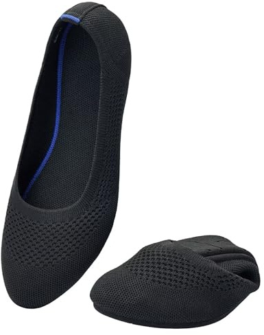 Puxowe Damen Ballerina Runde Zehe Stricken Flache Schuhe Komfort Weich Slip On Ballerina Walking Flats Schuhe für Frauen Niedriger Keil Lässig 39 EU Black