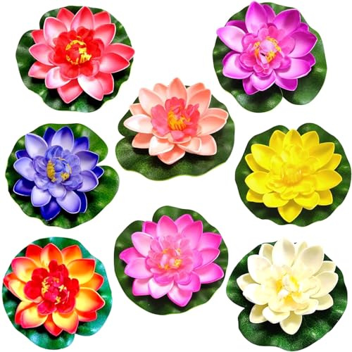 Lot de 8 fleurs flottantes, fleurs de lotus, lys d'eau, décoration de fleurs de lys d'eau, rose d'étang, fleur de lotus flottante, fleur de lotus pour aquarium, terrasse, jardin, piscine, étang