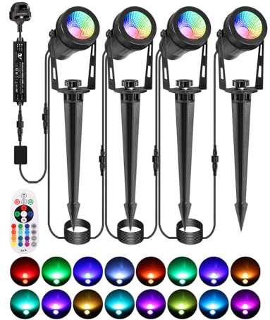 GreenClick Garden Spot Lights, Color Changing Mains Powered Waterproof RGB Outdoor Spotlight, 12V Timer Memory Remote for Wall Yard Landscape Christmas, 4 Pack
