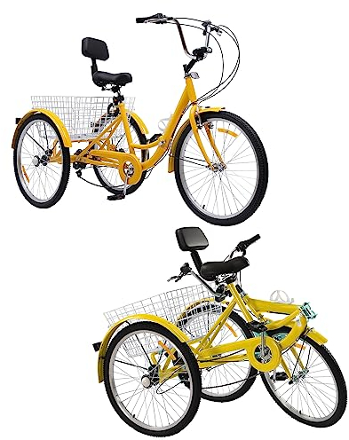 WSIKGHU 24 Zoll Dreirad für Erwachsene - Faltbar, 7 Gang, Kohlenstoffstahl Mit LED Licht und Korb - 3 Räder Fahrrad für 160-185CM, Max 140KG (Gelb)