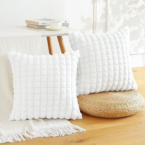 Soleebee 2er Set Plüsch Samt Kissenbezüge, Weiche Künstliche Pelz Plaid Textur Kissenbezug Sofa Zierkissenbezüge Dekokissen Kissenhülle Set für Couch Schlafzimmer Zuhause Dekor (40x40cm, Weiß)