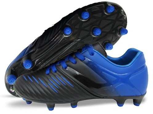 Vizari FG - Scarpe da calcio per bambini e bambine, unisex, con tacchette, scarpe da allenamento per erba artificiale e prato, taglia 25-38, nero/blu, 32.5 EU