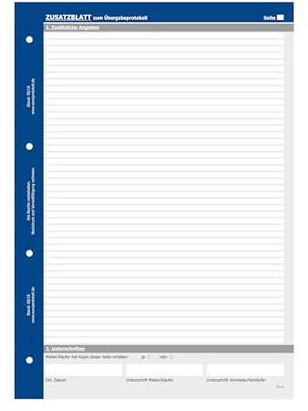 Zusatzblatt zum Übergabeprotokoll (10er Set)