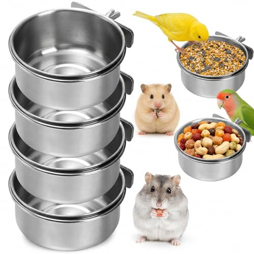 Okllen Lot de 4 gamelles Amovibles en Acier Inoxydable avec Pince, mangeoire à Suspendre pour Chinchilla Perroquet, calopsitte, Conure, Perruche, Petit Animal