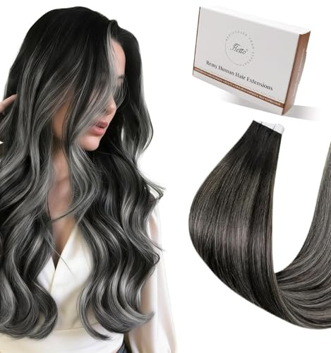 Hetto Tape Extensions Echthaar, Balayage Naturschwarz mit Silber, 30cm