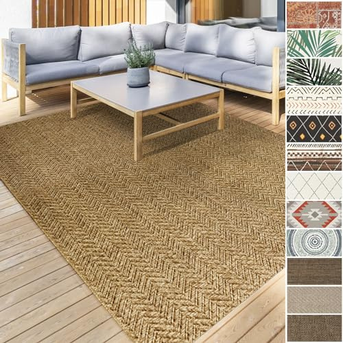 Floordirekt | Tapis Extérieur & Intérieur tissé Plat, Lavable, Résistant aux UV | Certifié Öko-Tex | Idéal pour la terrasse, Le Balcon, la Cuisine et Le Salon | Cheron Marron, 80 x 150 cm