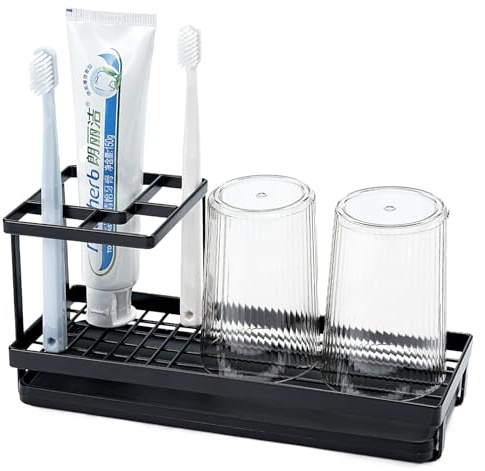 Portacepillos de dientes para baño con 2 vasos de enjuague, 4 ranuras de metal para cepillo de dientes eléctrico, organizadores de cepillos de dientes y almacenamiento para encimera familiar (negro)