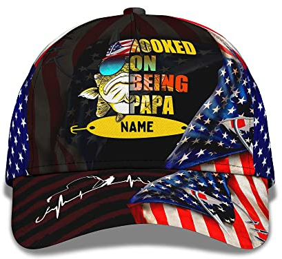 Baseballkappe Angeln Hooked On being Papa Personalisieren Sie Name Text Wort Hut 3D-Druck Freizeit Basecap Verstellbare Schirmmütze Basecap Leichtgewicht Baseball Cap