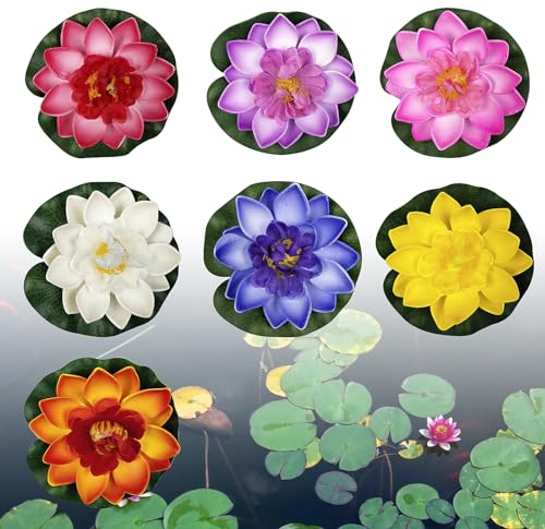 7 Stück Künstliche Seerosen, 10cm Teichpflanzen Lotusblume Seerosen Künstlich Teichdeko Lotus Miniteich Schwimmdeko Deko Zubehör für Aquarium, Draußen, Garten, Teich