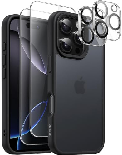 JETech 5 in 1 Matte Case for iPhone 16 Pro Max, Black | 2 Tempered Glass Screen Protectors, 2 Camera Lens Protectors, Translucent Back Protective Phone Cover
