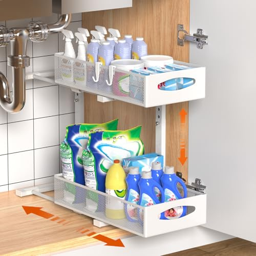Housolution Organizador Bajo Fregadero de Metal, 2 Niveles Estanteria Fregadero Extraible con Altura Ajustable, Estante de Almacenamiento para Armario de Cocina, Blanco