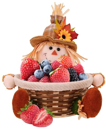 Autumn Table Scarecrow Ornament - Thanksgiving Scarecrow Decoration Sunflower Sitting Scarecrow Plush Figure | Fruit Basket, Autumn Accent for Home, Stat
