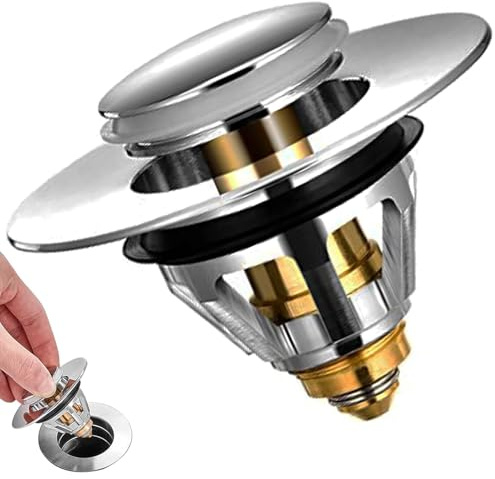 Bathroom Sink Plug Replacement, Brass Universal Pop Up Drain Stopper with Bounce Core, Bath Basin Plug Filter with Basket Hair Catcher, Push Type Sink Strainer No Overflow for Bathroom,34-38mm