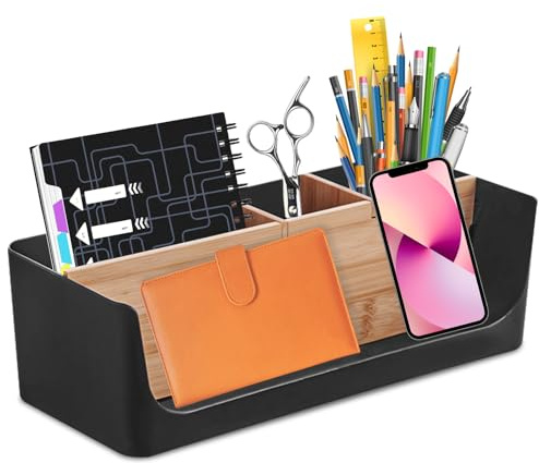 WANDGU Organisateur de bureau à 4 compartiments : organisateur de bureau-cosmétique de table, support pour téléphone portable et tablette, bac à courrier, porte-stylos de bureau, compartiments en bois