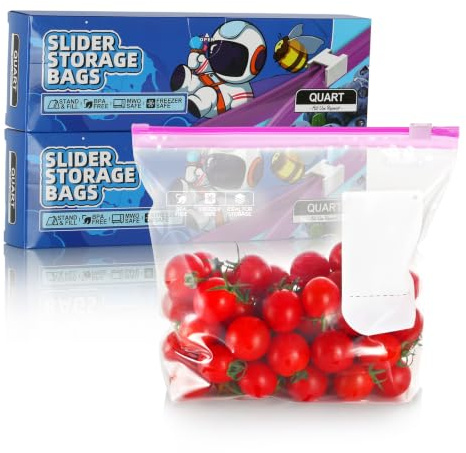 Tuocal 50 Pcs Freezer Bags, Zip Lock Bags Food, Sandwich Bag, Ziplock Bag | Quart / 1L, Expandable Bottom, BPA Free, Zip Seal, Reusable, for Fruit, Vegetables, Grains, Meat, Snacks, Food Storage