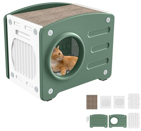 XINZI Katzenhaus Outdoor Katzenhöhle Katzenhütte mit Kratzbretter, Katzenbett Höhle Schutzhütte Isolierte Katzentonne Katzenschrank, Kunststoff Katzenhäuschen, Grün