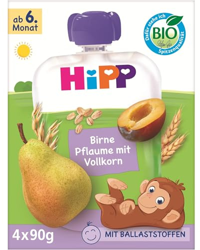 HiPP Bio Quetschie Birne Pflaume mit Vollkorn,16 Stück (4er Pack mit je 4 x 90g), für Babys ab 6. Monat, ohne Zuckerzusatz, vegan, in bester Bio-Qualität