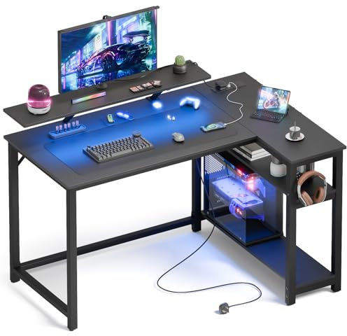 Mondeer Gaming Tisch L Form mit LED, 120 x 90 cm Reversibel Schreibtisch mit 2 Steckdosen und 2 USB Ladeanschluss, Eckschreibtisch mit Regal & Haken, für Büro Heimbüro, Carbon Schwarz