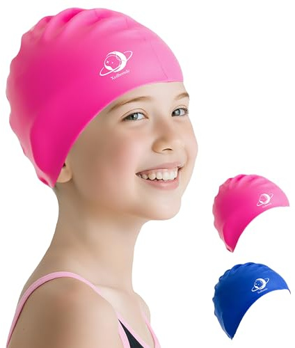 Xcdhemde Badekappe Mädchen, Badekappe Kinder, Badehaube Kinder Silikon, Bademütze Wasserdicht, Anti-Rutsch Schwimmhaube, Bequem und Weich Schwimmkappe für Jungen und Mädchen (Rosa)