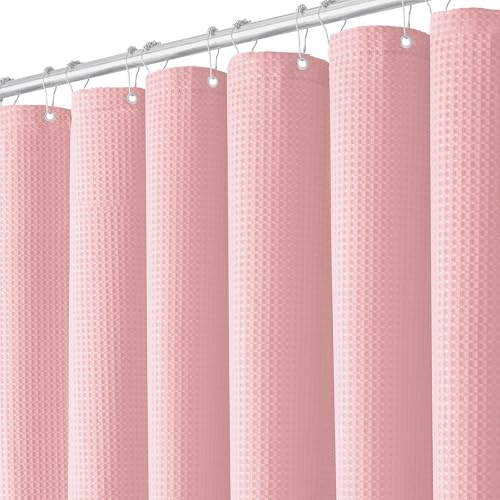 BTTN 182 x 200cm Drop Long Waffle Shower Curtain, Extra Long Mould Proof Resistant Heavy Duty Fabric Wet room Shower Curtains, Waterproof Weighted Cloth Shower Curtain Set with 12 Plastic Hooks, Pink