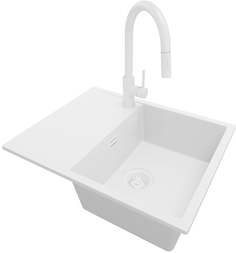 PRIMAGRAN Fregadero Granito al Mueble 45cm + Grifo, 62x50cm | Set: Grifo BW9010 + Kit de desagüe (sifón, válvula, rebosadero) + Ibiza 1 Seno para Cocina, Todo Blanco