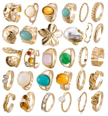 Mixcbe 30 Pcs Gold Crystal Stacks Ring Sets for Women Chunky Gemstone Knuckle Rings Boho Flower Statement Joint Finger Rings Pack for Jewelry Gift