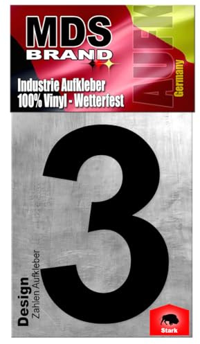 MDS Brand Design 20cm Zahlen Aufkleber | Selbstklebende Hausnummern zum aufkleben | Klebezahlen für Mülltonne, Briefkasten, Hausnummer & Auto | Optimal für Außen & Innen (Schwarz, 3)