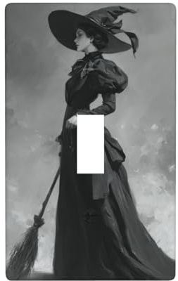 Elegant Witch Dark Dress Holding Broom Light Switch Cover Decorative Single Toggle 1 Gang Wall Plate For Kitchen Farmhouse Bedroom Bathroom Art Decor