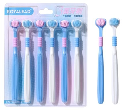 Vonmerie 6 Pces Brosse à dents à 3 côtés, Brosses à dents pour adultes, Brosse à dents à souple à 3 côtés brossée douce (Bleu glace/blanc)