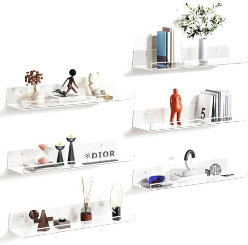 Qaxinmi Schwimmende Regale zur Wandaufbewahrung, 6er-Pack 38 cm Klare Acrylregale für Bilder, Bücher, Figuren, Fotos, Make-up, Wandmontiertes Regal für Wohnzimmer, Badezimmer, Schlafzimmer, Küche