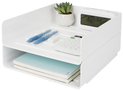 Otauoaea Lot de 2 Corbeille a Courrier Empilable - Bac a Courrier A4 en Plastique Pet Blanc - Rangement Bureau Organisateur - Corbeille Bureau pour Papier Document