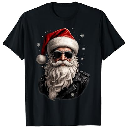 Cooler Weihnachtsmann mit Lederjacke Herren Lustiges Santa T-Shirt, Herren, Schwarz, XL