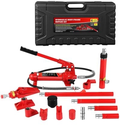 4 Ton Hydraulic Porta Power Jack Kit, 8000 lbs Heavy Duty Car Lift with 17-Piece Accessory Set, 1.25M Hose and Carrying Case for Auto Repair, Frame Straightening, and Equipment Maintenance