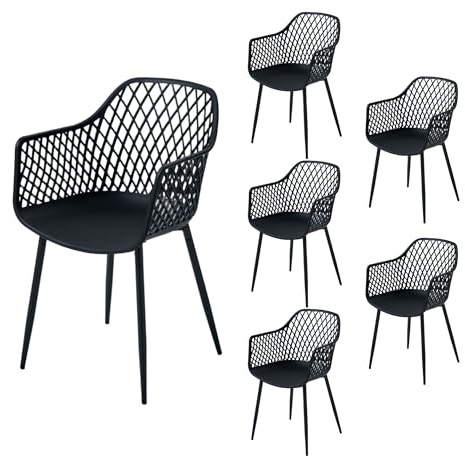 PPkrimnel Esszimmerstühle 6er Set Moderne Geometrische Muster Rückenlehne Kunststoff Terrassenstuhl mit Metallbeinen Outdoor Gartenstuhl Esszimmerstuhl mit Armlehnen für Balkon, Schwarz