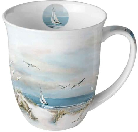 Ambiente Porzellan Tasse, Bone China Becher, 400ml, Segelboot Design mit Möwen, 10 cm Durchmesser Sailing at Sea