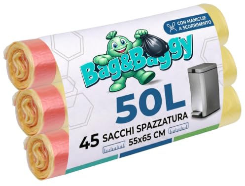 Bag&Baggy - 45 bolsas de basura amarillas, 55 x 65 cm, 50 litros, con asas para tirar y cerrar, HDPE resistente, basura para casa, cocina, oficina, 3 rollos de 15 bolsas