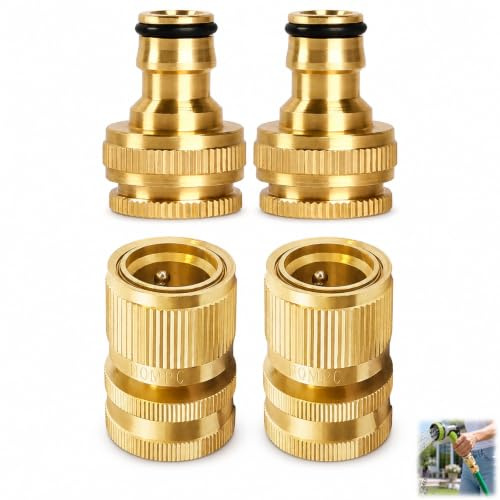 4 Unidades Conector Rápido de Latón, Adaptador Manguera 1/2 y 3/4 Pulgadas de Grifo 2 en 1, Acoplamiento Rápido para Agua Manguera de Jardín, Riego, Limpieza Exterior y Sistemas de Agua