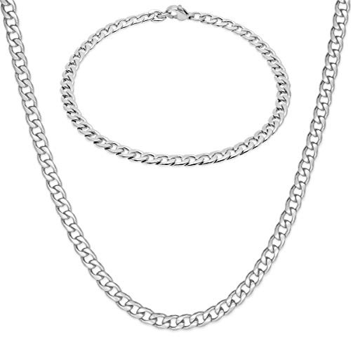 Soul-Cats Panzerkette mit oder ohne Armband für Männer, Herren aus Edelstahl, Breite: 5 mm, Auswahl: Kette 55 cm + Armband, Farbe: Silber