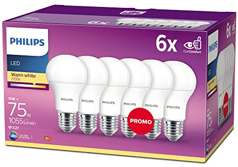 Philips LED Classic E27 Lampen 6-er Pack (75 W), matte LED Lampen mit warmweißem Licht, energiesparende Lampen mit langer Nutzlebensdauer, alte Generation