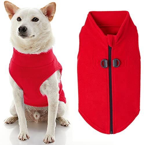 Gooby hundtröja i fleece med dragkedja – röd, medium – varm pullover, fleecejacka med dubbelt D-ringkoppel – vintertröja för liten hund – hundkläder för små hundar, pojkar och medelstora hundar