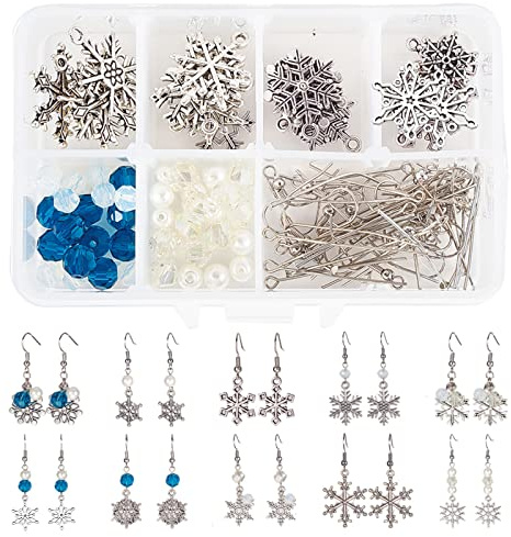 SUNNYCLUE 1 Box DIY 10 Paare Schneeflocke Charme Anhänger baumeln Haken Ohrringe machen Kit Schmuck Erkenntnisse Handwerk Hochzeit Brautjungfer Weihnachtsge für Frauen Antik Silber Farbe