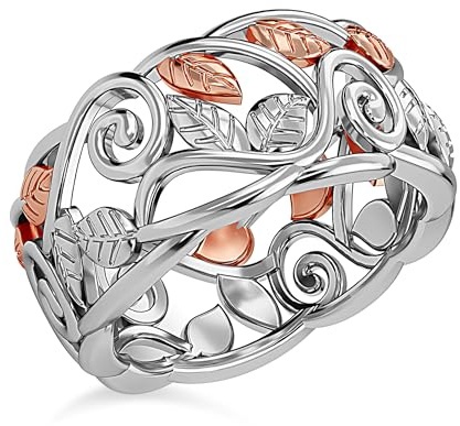 TJC Sterling Silver Leaf Band Ring for Women in Two Tone 925 Silver Anniversary Wedding Birthday Rings for Ladies Daughter Wife for Nature Lover