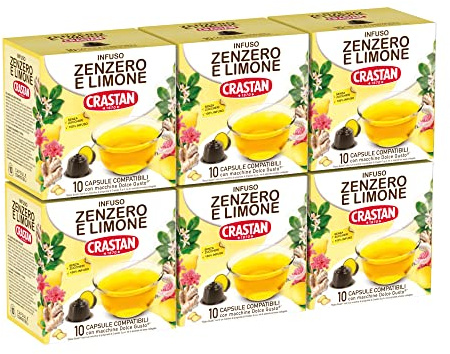 CRASTAN 1870 - Capsule Compatibili Dolce Gusto - Infuso al Gusto Zenzero e Limone - 6 Box da 10 per un Totale di 60 Capsule - Senza Zuccheri Aggiunti - Senza Glutine