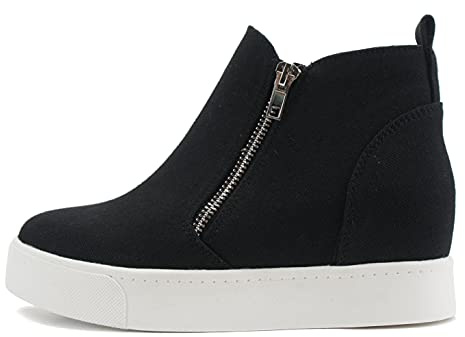 Soda Taylor Hidden Wedge Booties Fashion Sneaker Shoes Side Zipper (Black Canvas, 7)